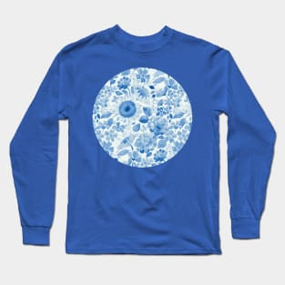 Denim Blue Monochrome Retro Floral Long Sleeve T-Shirt